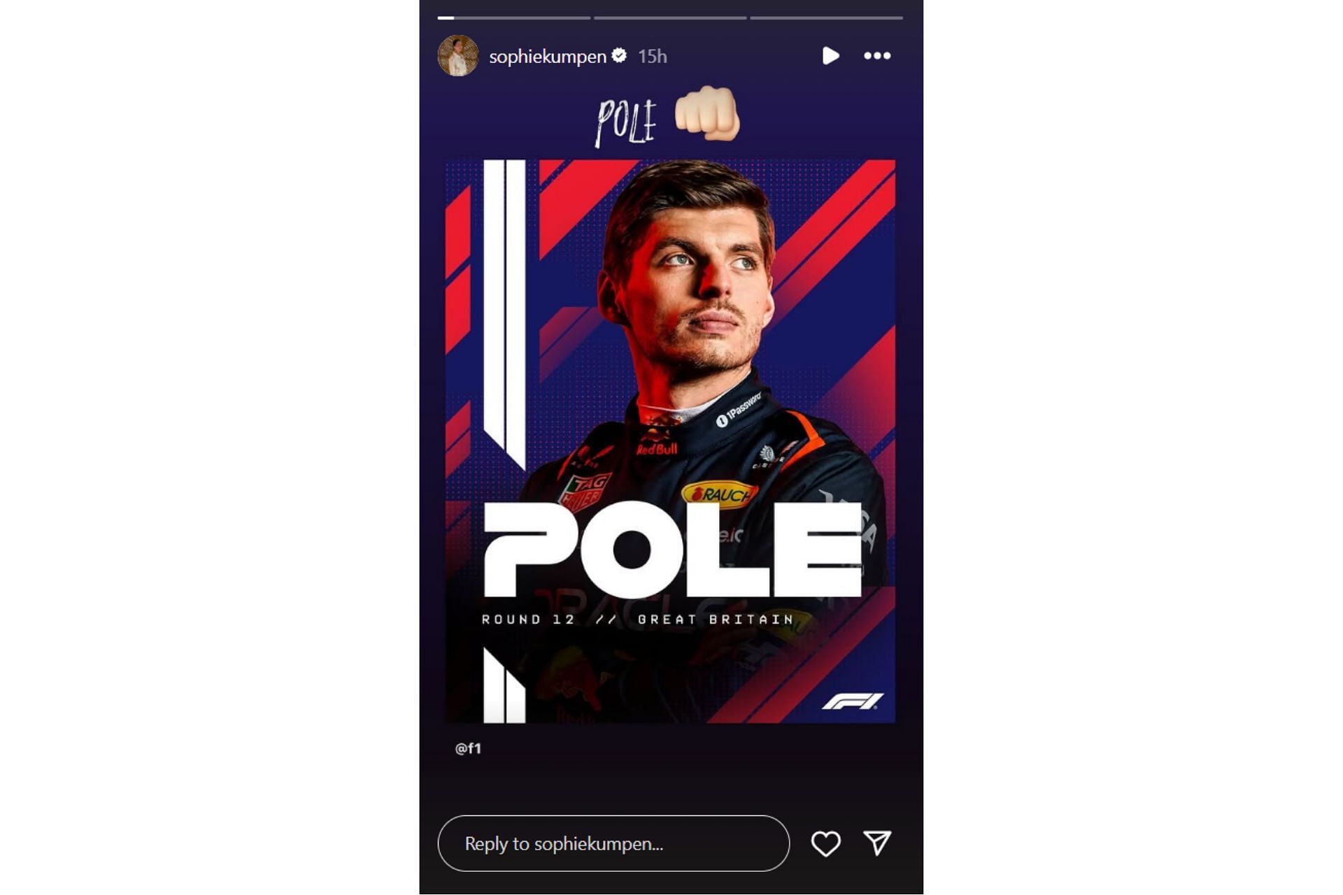 Snapshot of Max Verstappen's mother's reaction on her IG story (@sophiekumpen)
